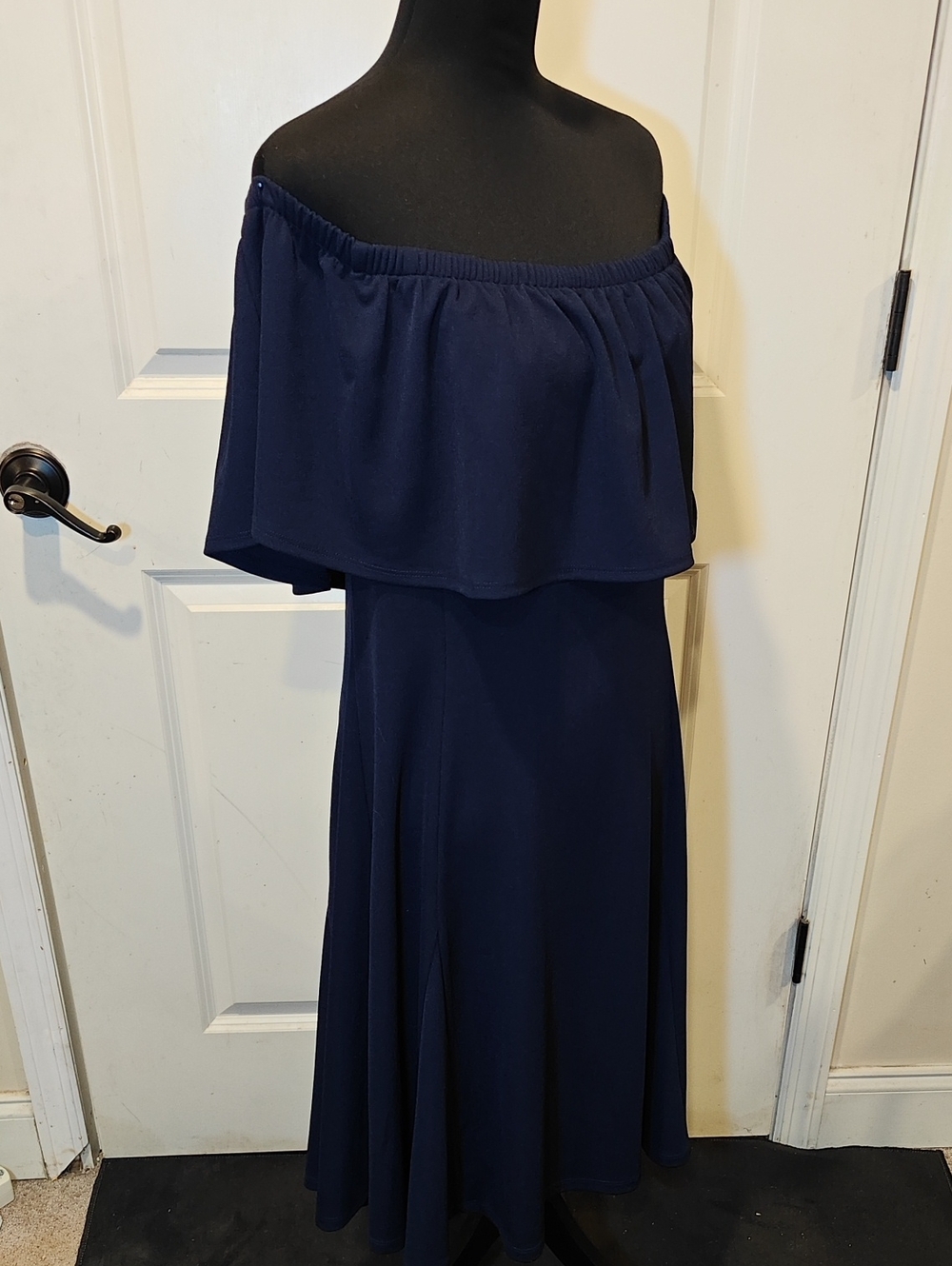Isaac Mizrahi Navy Blue Off-Shoulder Ruffle Dress